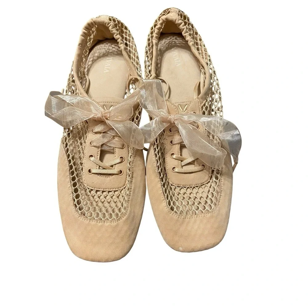 VIVAIA Miley Lace Up Mary Jane Flats Square Toe Beige Mesh Women's 41.5 US 10.5